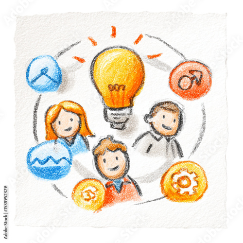 Illustrated concept of teamwork with light bulb and icons around  