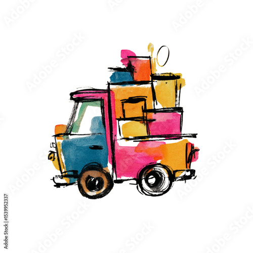 Colorful truck loaded with boxes in a playful artistic style  