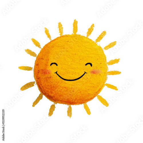 Happy smiling sun illustration in bright yellow color on white background  