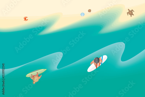 Top view of surfers on boards, sea, sandy beach, turtle, shells, crab. View from above. Beach, surfing, outdoor activities, summer camp. Aerial.