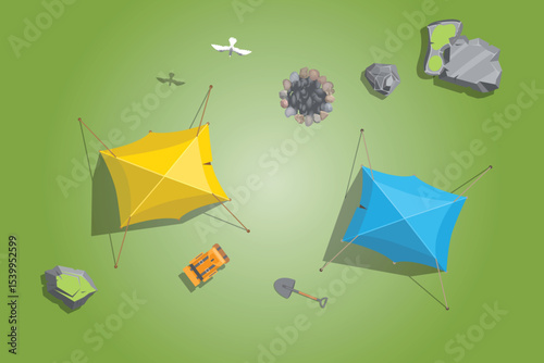 Top view. Aerial. Vector images of a tourist clearing with tents, birds, backpacks, a campfire, rocks, a shovel on a green grass. View from above. Active leisure. Camping.  Ecotourism.