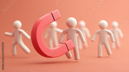 3d Magnet attracting people icon symbol. Digital social marketing, Customer attraction people with magnet, attracting followers, business strategy, subscriber counting. Recruitment concept. 3d render