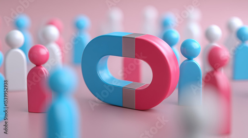 3d Magnet attracting people icon symbol. Digital social marketing, Customer attraction people with magnet, attracting followers, business strategy, subscriber counting. Recruitment concept. 3d render