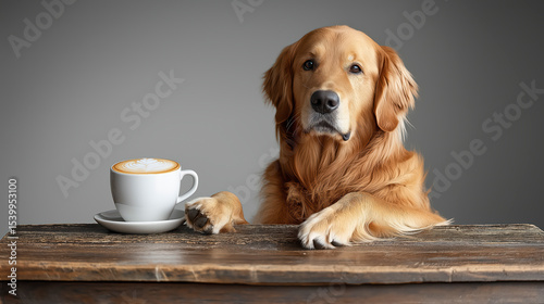 Charming Golden Retriever Elegantly Enjoying A Coffee Break At A Cozy Cafe