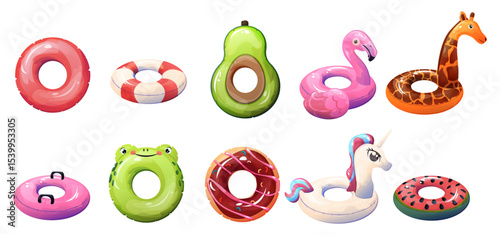 Illustration of a Large Set of Bright and Diverse Inflatable Rings for the Swimming Season. Juicy Swim Ring Design. Vector illustration summer rings for swimming pool