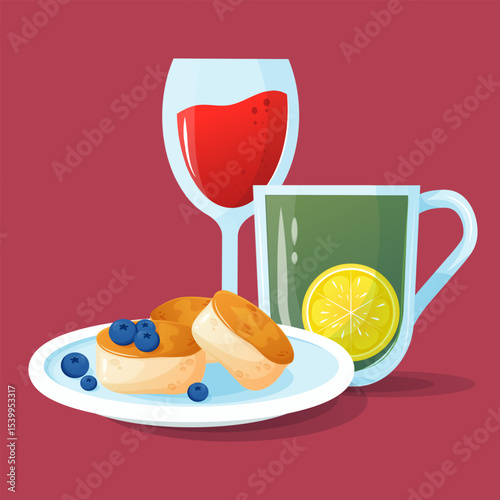 Aesthetic Composition Featuring a Dessert, Alcoholic Drink, and Hot Beverage. Design of Syrniki with Wine and Tea in the Background. Design of ready meals. Vector illustration of breakfast