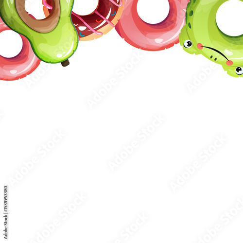Top Semicircular Frame of Colorful Lifesaving Rings. Frame Design Positioned at the Top on an Isolated Background.