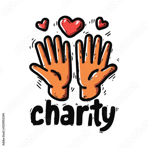 Hands raised with hearts and the word charity in colorful design  