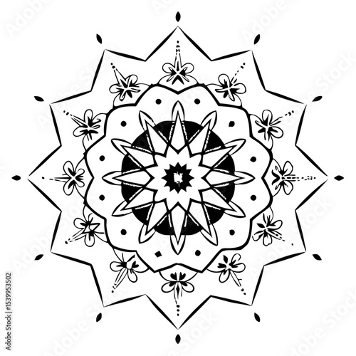 Black and white mandala design with floral elements and symmetry  
