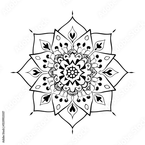 Intricate black and white mandala design with floral elements and symmetry  