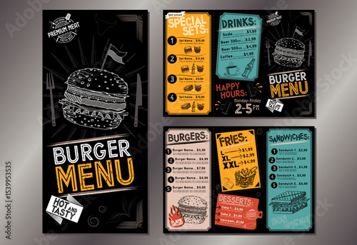 Vintage burger restaurant menu template - A4 do DL folded leaflet (burgers, sandwiches, french fries, desserts, drinks, sets)