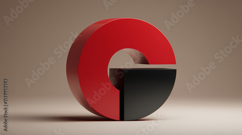 A 3D red and black circular object with a semi-circular cutout, suggesting a modern design.