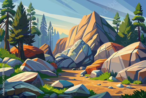 forest clearing with natural boulders and mossy rocks surrounded by peaceful trees perfect for nature, hiking, and relaxation themes