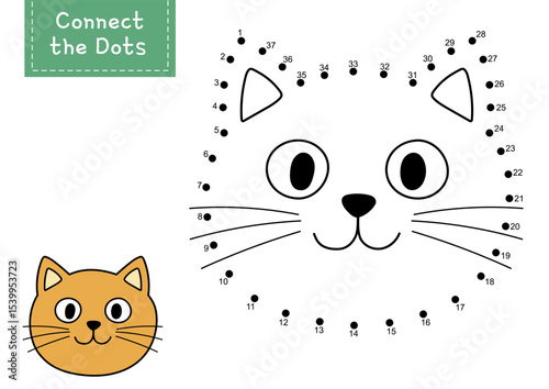 Connect the dots and draw a cute cat face. Dot to dot game for kids. Funny feline character puzzle activity page. Vector illustration