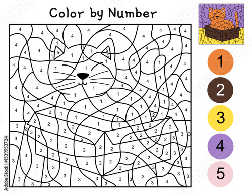 Color by number activity page for kids with a cute cat in a box. Funny feline character puzzle game for school and preschool. Vector illustration