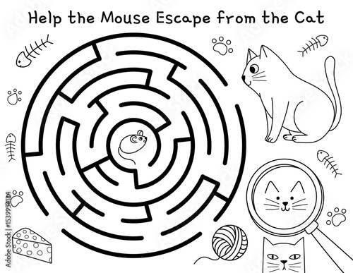 Help the mouse escape from the cat maze game for kids. Activity page with a cute feline character. Vector illustration