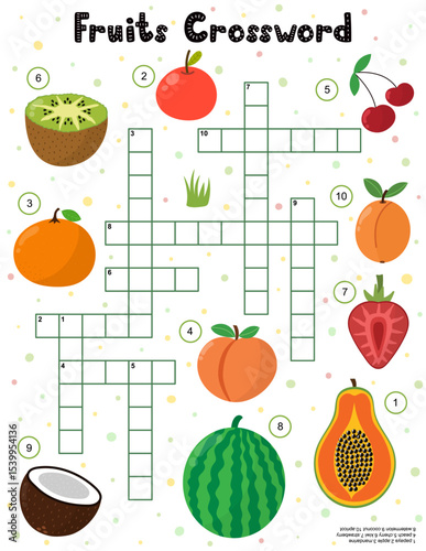 Fruits crossword for kids. Educational activity pages with summer fruits. Puzzle game with apple, watermelon, strawberry, coconut and others. Vector illustration