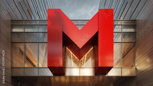 Bold Red 'M' Sign: 3D Render of Modern Building Exterior AI Generated