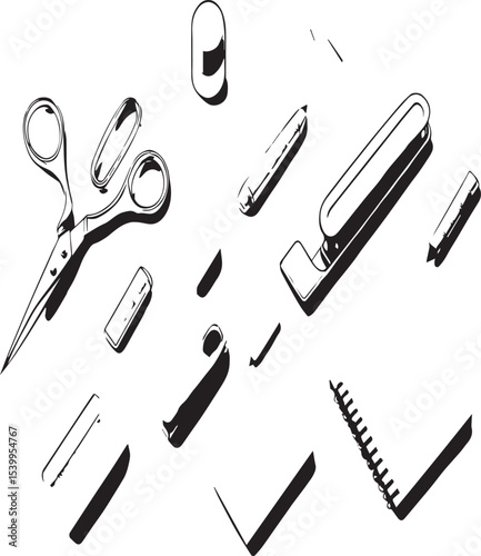 Hand-Drawn Office Supplies Set – Scissors, Stapler, Paper Clips, and Stationery Items