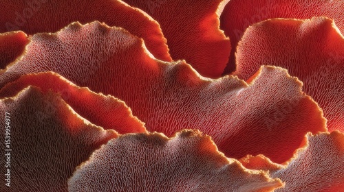Red Coral like Biological Tissue Reticular Texture Detail, Nature Science Education and Art Design Material, Microscopic Depth Color Layering Rendering
