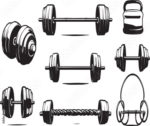 Hand-Drawn Gym Equipment Set – Dumbbells, Kettlebell, Barbell, and Resistance Gear