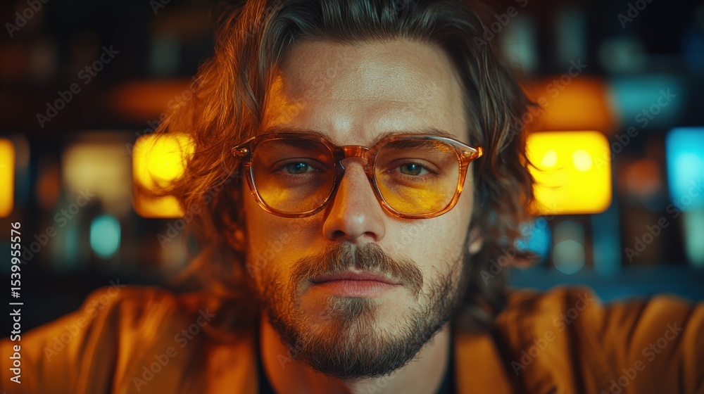 Stylish Young Man with Glasses in a Cozy Bar Setting, Captivating Portrait with Warm Lighting Stylish Young Man with Glasses in a Cozy Bar Setting, Captivating Portrait with Warm Lighting