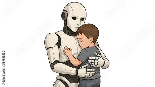 AI Robot Hugging Child with Neutral Expression Isolated on Transparent Background PNG

