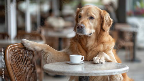 Charming Golden Retriever Patiently Perched at a Bistro Table with a Glass of Milk 