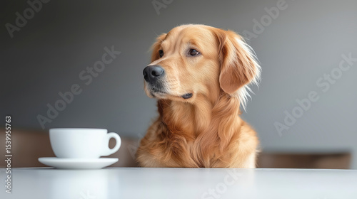 Charming Golden Retriever Patiently Perched at a Bistro Table with a Glass of Milk 