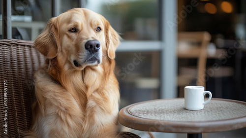 Charming Golden Retriever Patiently Perched at a Bistro Table with a Glass of Milk 