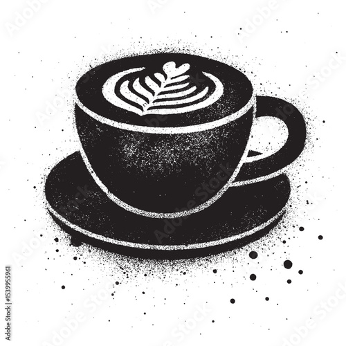 Black and White Coffee Cup Graffiti Art with Latte Art and Paint Splatter.