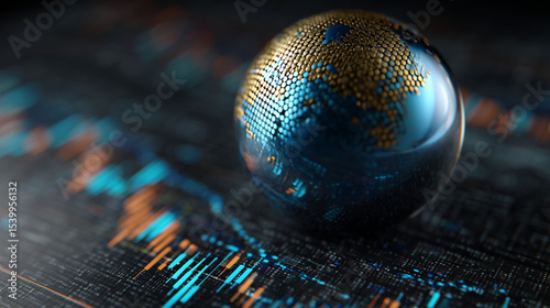 close up of Blue financial chart with sphere. 3d render