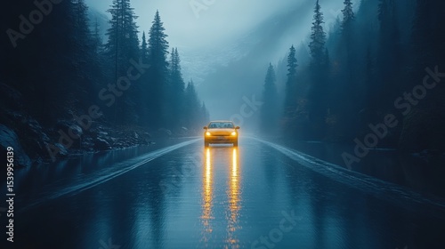 Mysterious Night Drive: Car on a Rainy Road Surrounded by Dark Forest and Fog