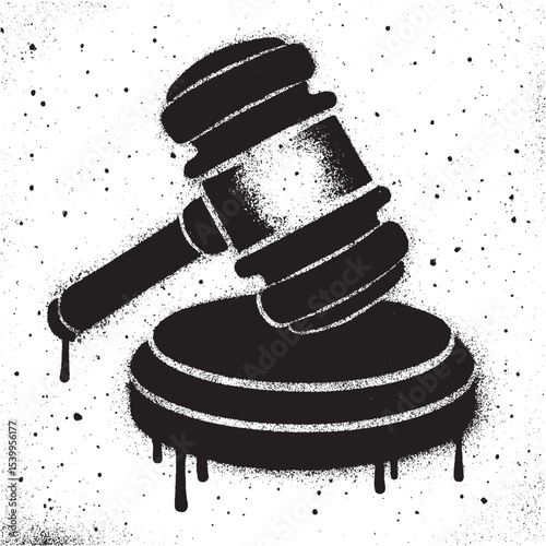 Black and White Graffiti Style Judge Gavel Icon with Paint Drips.