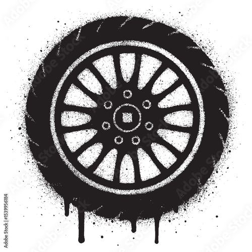 High contrast black and white graffiti style illustration of a car tire with a sporty alloy wheel.