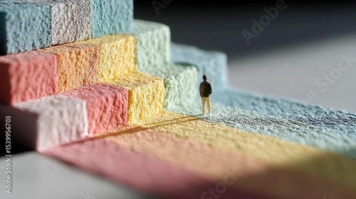 Miniature silhouette atop a pastel geometric mountain, gentle sunlight creating elongated shadows, evoking a sense of wonder and exploration in a whimsical landscape.