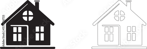 Homepage interface vector icon.  Two-storey house with windows and a chimney.