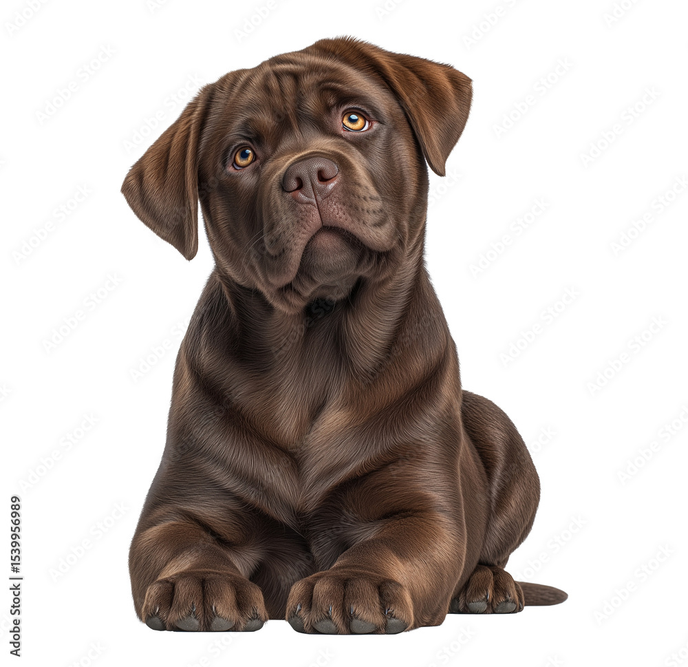 Obraz premium Chocolate Labrador puppy lying down, front paws extended image isolated transparent. Young brown lab head tilted cut out photo png. Inquisitive pet domestic animal cutout photography