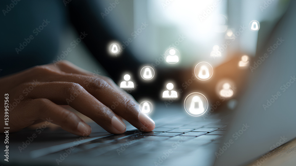 person working on a laptop with digital profile icons, focusing on online communication and cybersecurity. virtual networking, digital identity, and personal data security. person working on a laptop with digital profile icons, focusing on online communication and cybersecurity. virtual networking, digital identity, and personal data security.
