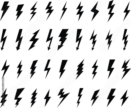 Lightning bolts set, thunderbolt and short circuit icons, electric discharge and lightning strike, vector flash thunder power icon set. Flash lightning bolt symbol. Energy power sign Lightning Bolt