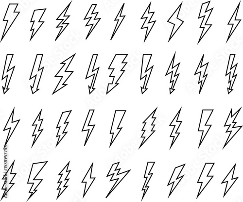 Lightning bolts set, thunderbolt and short circuit icons, electric discharge and lightning strike, vector flash thunder power icon set. Flash lightning bolt symbol. Energy power sign Lightning Bolt