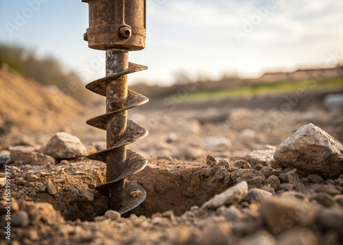 Drilling the Ground: A close-up perspective reveals a powerful auger drilling into the earth, with precision. The drill bit pierces the ground, signifying construction and groundwork.