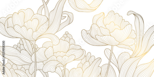 Vector golden line flowers, floral luxury art pattern. Abstract nature ornament garden leaf wallpaper, spring, wedding botanical graphic. Tropical Chinese, Japanese background