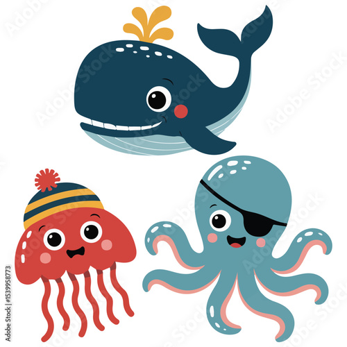 Little pirate lettering with jellyfish vector isolated white background