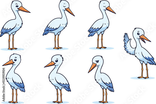 vector illustration of stork heron pelican egret cute simple funny cartoon mascot character cartoon with 7 poses 03