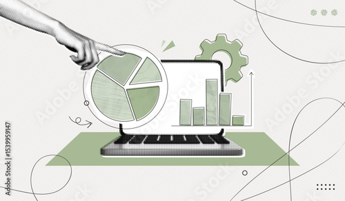 Trendy Halftone Collage Computer laptop with financial analytics. Pieces of pie chart. Business data and market share concept. Finance graph. Investment strategy. Contemporary vector illustration art