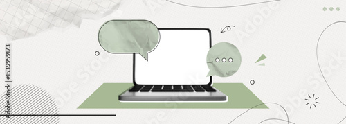 Trendy Halftone Collage Computer laptop with speech bubble messages. Social media communication. Online chat or forum. Discussion and feedback. Contemporary vector illustration art