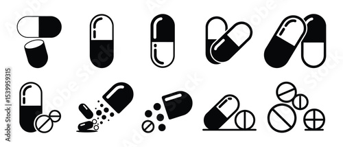 Capsule pill icons set glyph style for medical designs
