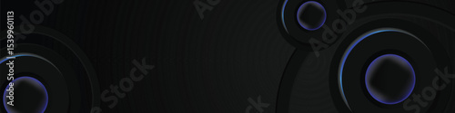 Abstract black circle dimensional horizontal banner background with blue neon light design