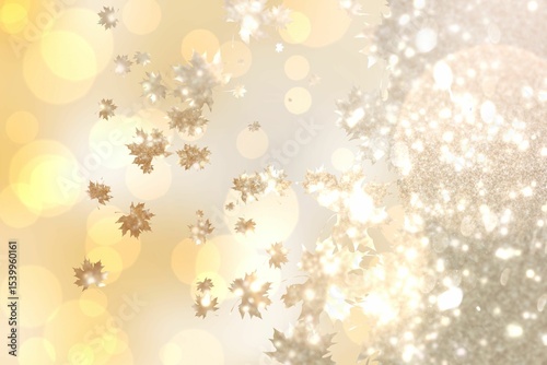 Metallic golden maple leaf shapes drifting through bokeh orbs and glittering texture in vector art